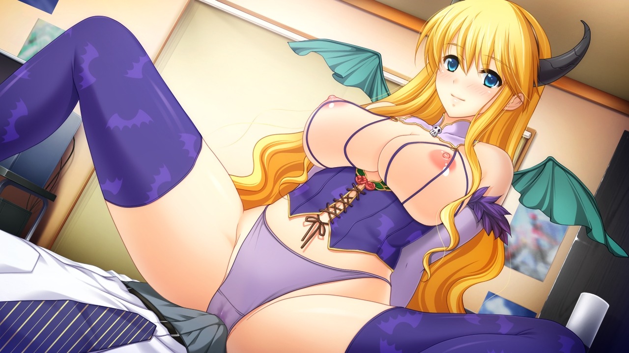 1boy blonde_hair blue_eyes blush breasts female gakuen_taima game_cg hijirigaoka_lisa horns male nipples panties rule34 spread_legs thighhighs underwear