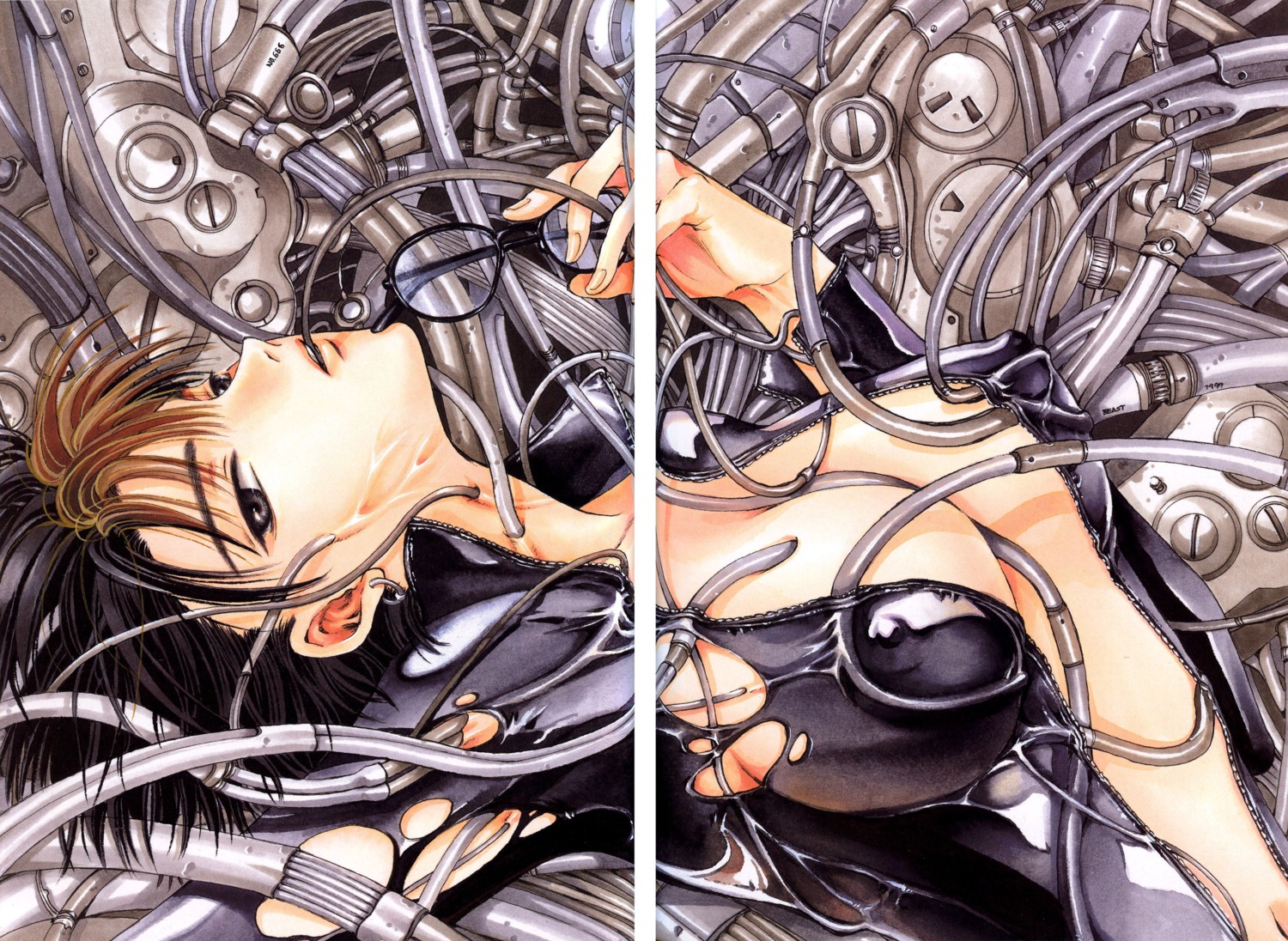 bodysuit breasts clamp erect_nipples female nipples open_clothes open_shirt rule34 shirt torn_clothes yatouji_satsuki