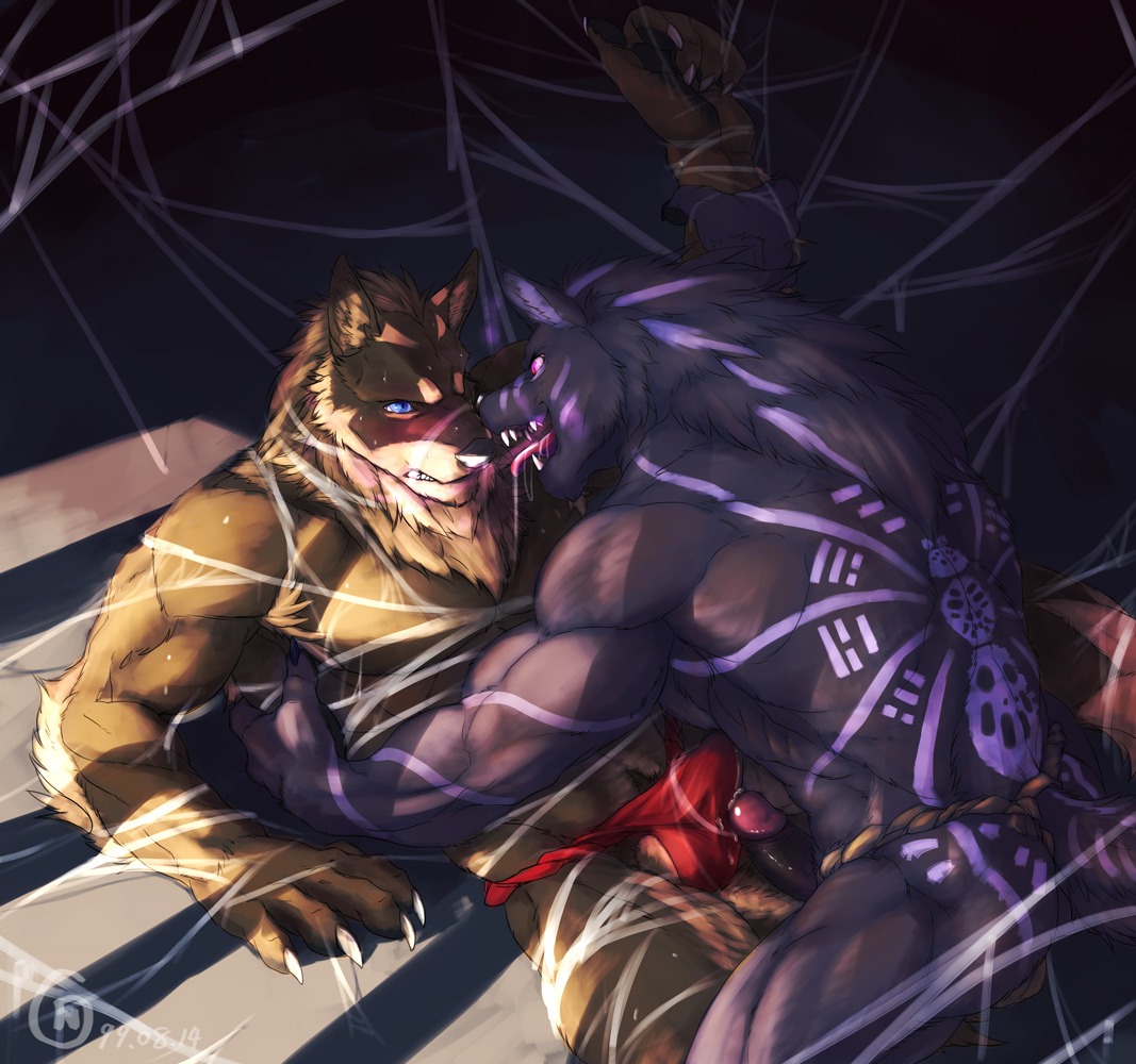 anthro anthro_on_anthro arachnid armpit_hair arthropod arthropod_webbing asian_clothing balls barazoku big_muscles blue_eyes blush body_hair bound bulge canid canine canis clothed clothing dominant dominant_male duo e621 east_asian_clothing erection eye_contact frottage fundoshi genitals huge_muscles humanoid_genitalia humanoid_penis hybrid imminent_rape imminent_sex japanese_clothing looking_at_another male male/male mammal muscular muscular_male null-ghost penile penis penises_touching pink_eyes sex spider submissive submissive_male tongue underwear wolf