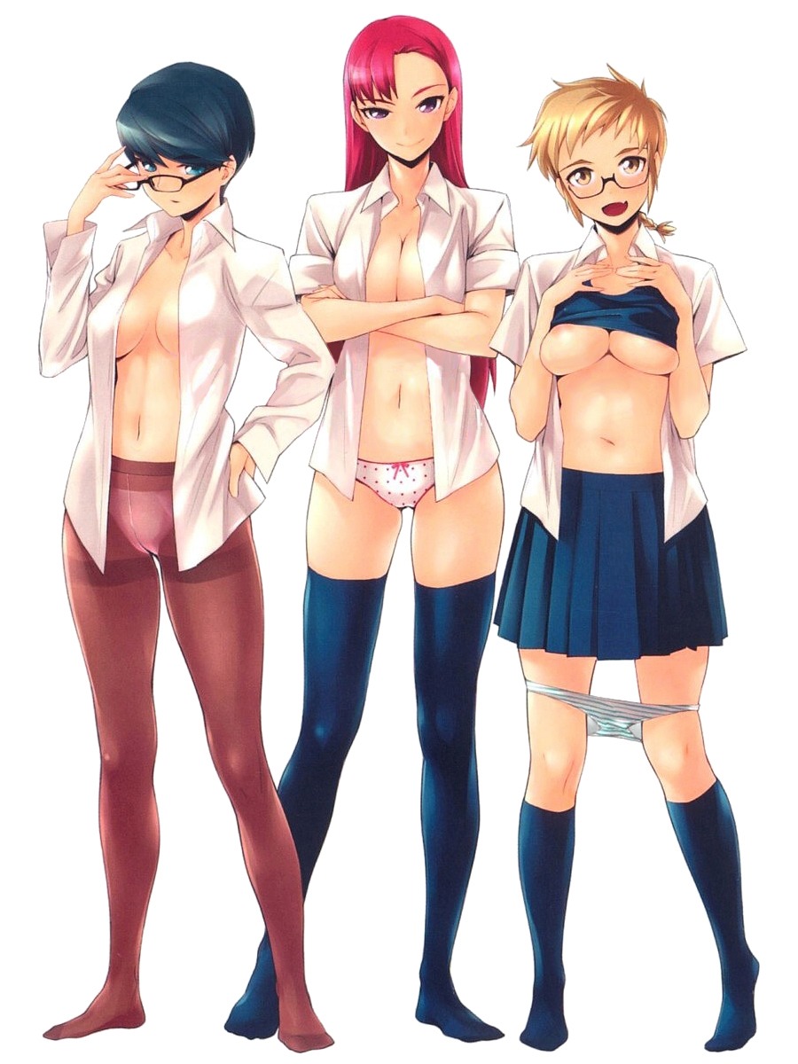 3girls blonde_hair blue_eyes blue_hair braid breasts cleavage female footwear glasses gold_eyes highres long_hair multiple_females multiple_girls open_clothes open_shirt panties panties_under_pantyhose panty_pull pantyhose polka_dot polka_dot_panties purple_eyes red_hair rule34 shirt shirt_lift short_hair simple_background skirt socks striped striped_panties thighhighs underboob underwear yellow_eyes yurikawa