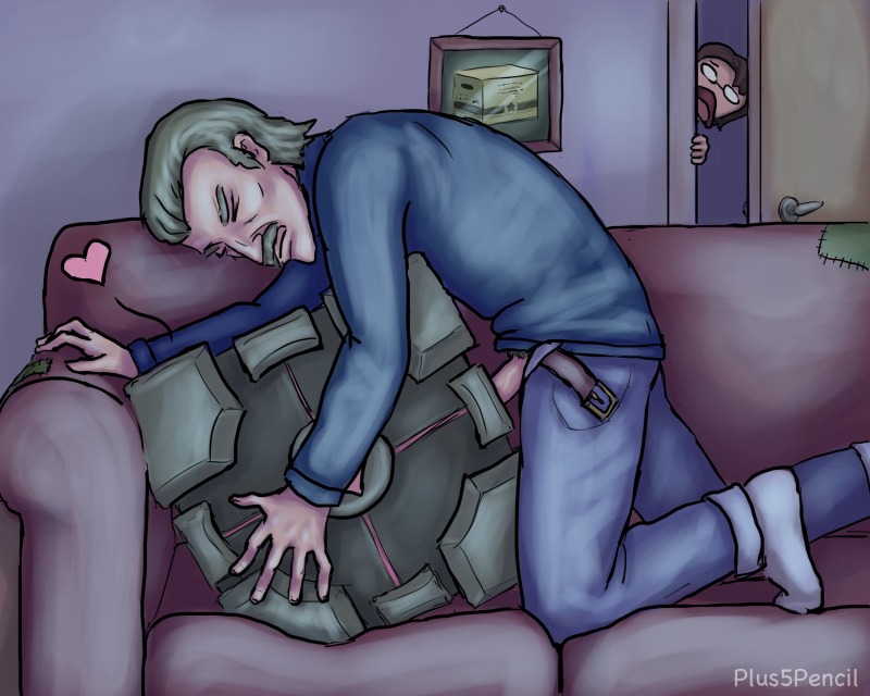 2boys ambiguous_gender caught caught_in_the_act clothed color colored couch couch_sex grey_hair heart human_penetrating_object male male_only maledom metal_gear metal_gear_solid objectophilia objectphilia old_male older_male on_couch otacon pink_heart plus5pencil portal_(series) rule34 sentient_object sex solid_snake voyeur voyeurism walked_in_on walking_in_on weighted_companion_cube