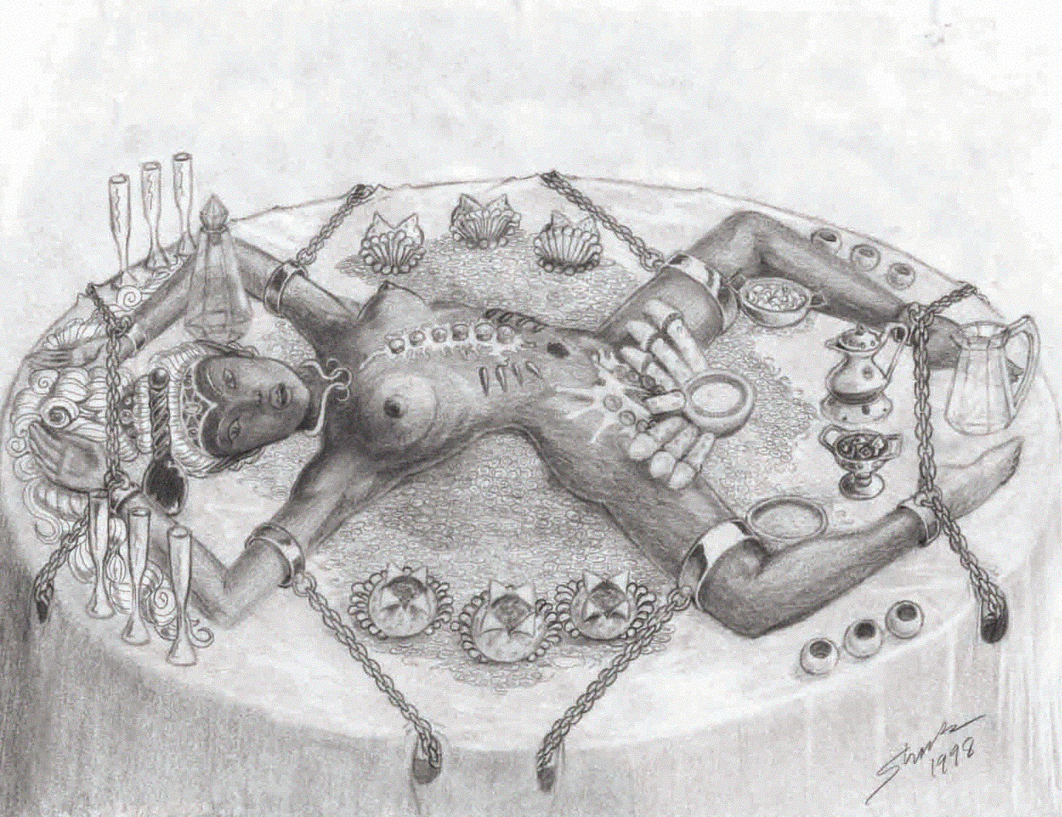 1998 1girls bondage chains dark_elf dark_skin dildo drow drow_(dnd) dungeons_and_dragons elf female food monochrome mushroom nipples nude nyotaimori pussy restrained rule34 slave table tagme