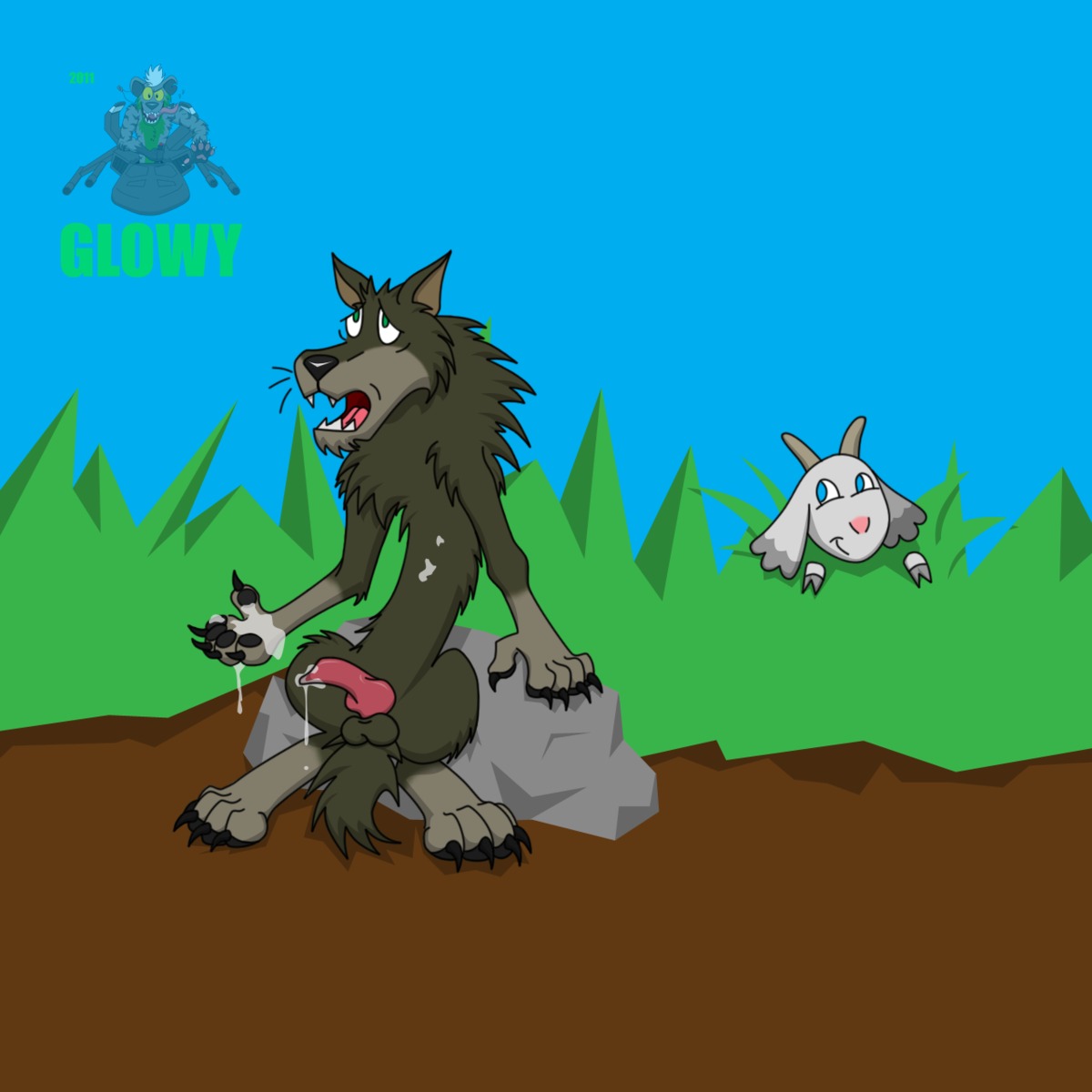 1:1 2011 after_masturbation ambiguous_gender animal_genitalia animal_penis anthro balls bodily_fluids bovid canid canine canine_genitalia canine_penis canis caprine cum duo e621 erection gabu genital_fluids genitals glowhyena_(artist) goat green_eyes hi_res knot male male/male mammal mei_(one_stormy_night) messy one_stormy_night pawpads paws penis sex tail unavailable_at_source wolf