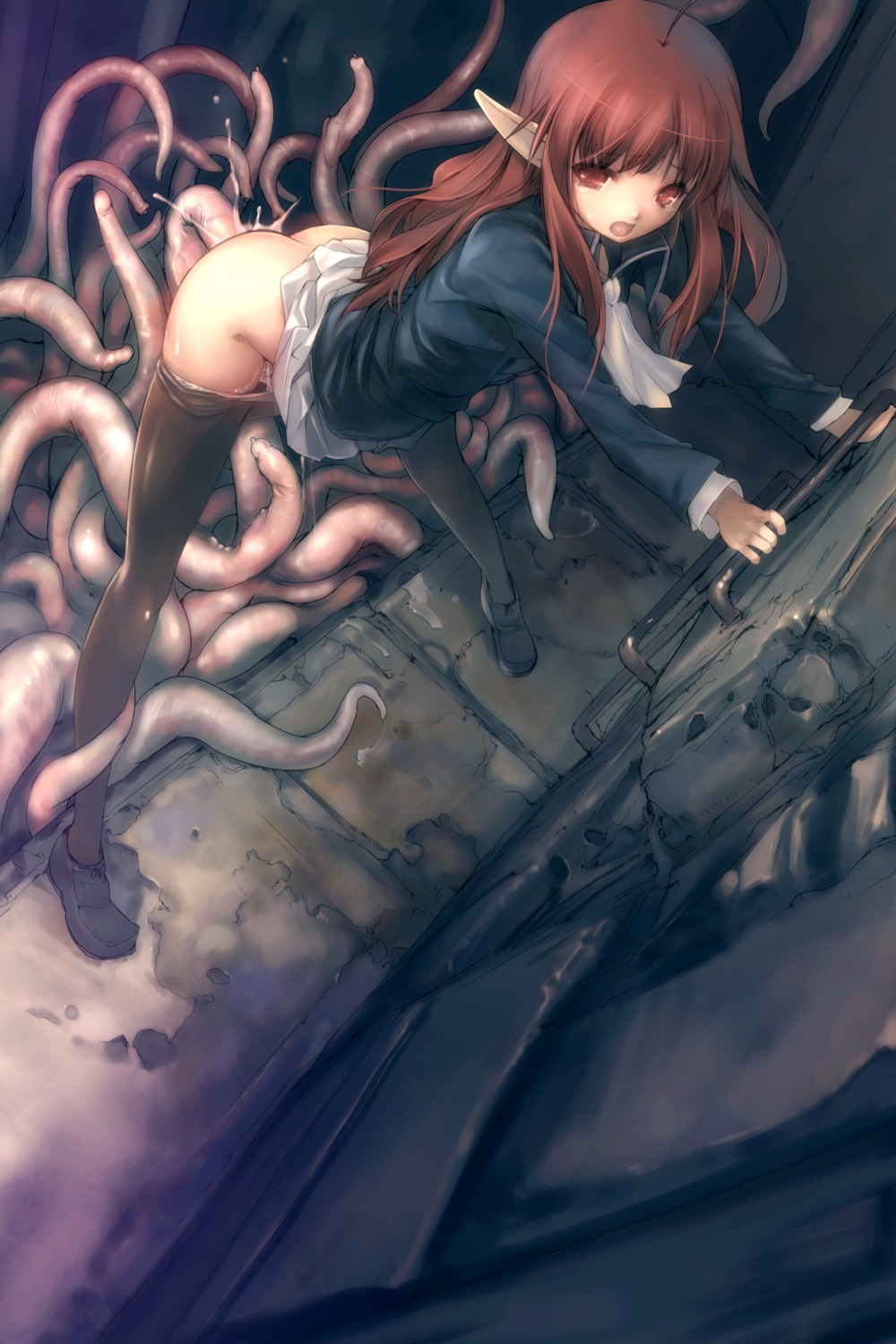 1girls ahoge ass bent_over brown_eyes brown_hair character_request clothed_sex clothing color consensual_tentacles copyright_request cum cum_in_pussy cum_inside elf female from_behind highres hitomaru insertion ladder long_hair male open_mouth panties panties_down panty_pull pantyhose pantyhose_down pantyhose_pull penetration penis penis_tentacles pink_tentacles pointy_ears pussy rape rule34 school_uniform shrine skirt skirt_lift solo spread_legs standing tears tentacle vaginal_penetration white_panties