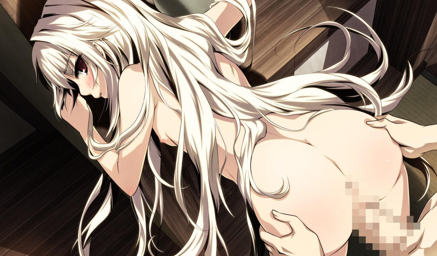 ass ass_grab bent_over censored doggy_style female from_behind g_yuusuke game_cg highres kajiri_kamui_kagura kyougetsu_sakuya long_hair looking_back male mosaic_censoring nipples nude penis red_eyes rule34 sex shinza_bansho_series very_long_hair white_hair