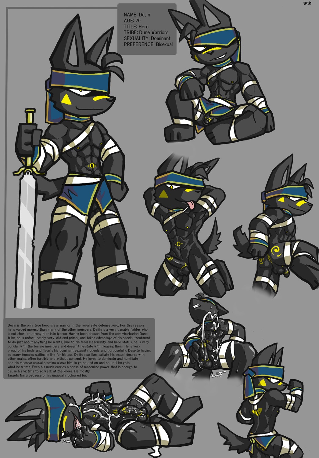 anthro anubian_jackal anubis balls biped bodily_fluids canid canine canis character_bio character_description cum cumshot deity e621 egyptian egyptian_mythology ejaculation english_text erection eyes_closed fangs genital_fluids genitals grin hi_res humanoid_genitalia humanoid_penis jackal licking looking_at_viewer male mammal masturbation messy middle_eastern_mythology muscular muscular_anthro muscular_male mythology nude open_mouth orgasm penile penile_masturbation penis presenting sheer_(artist) sitting smile solo standing tail teeth text tongue tongue_out yellow_eyes