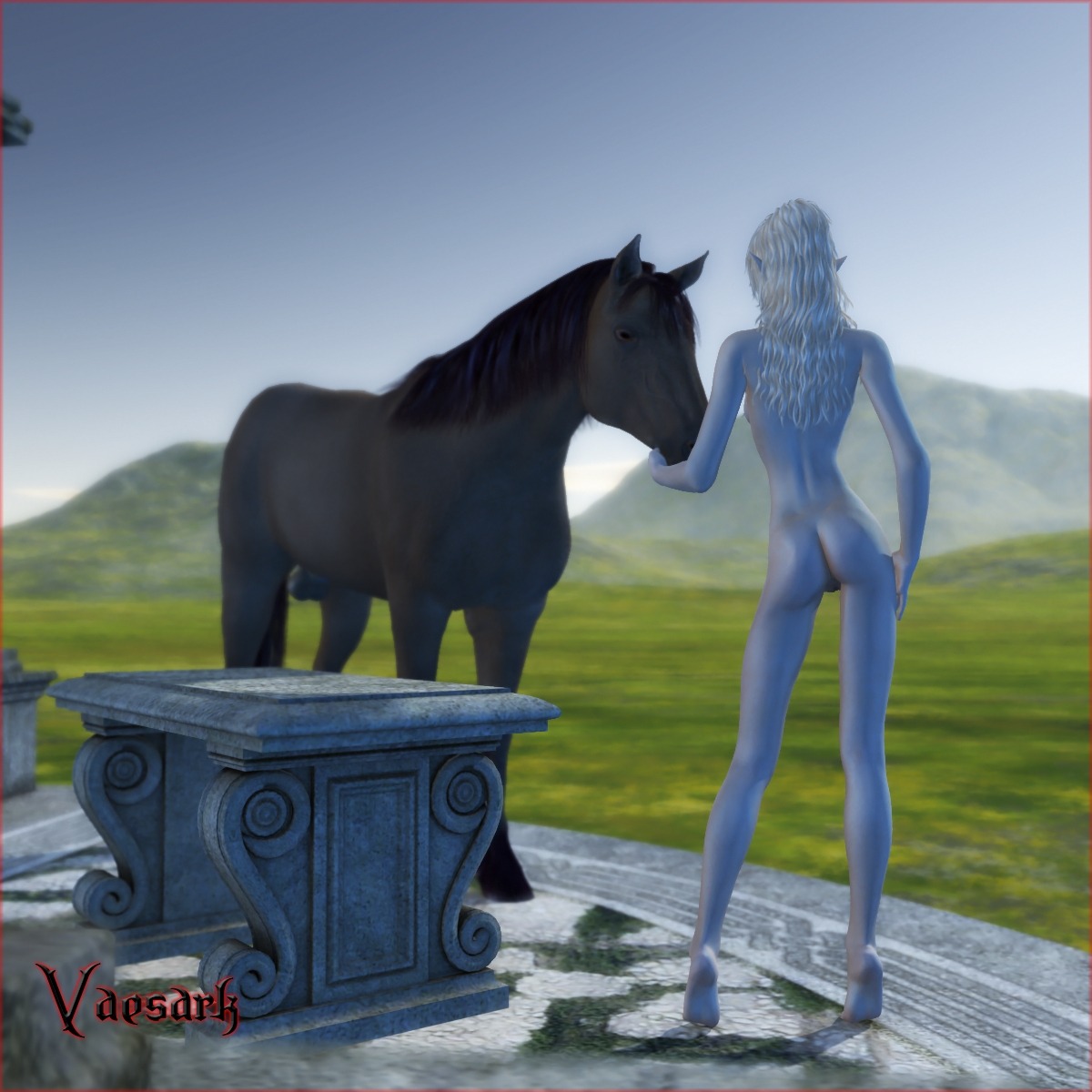 1:1 3d_(artwork) animal_genitalia balls blonde_hair butt detailed_background digital_media_(artwork) duo e621 elf equid equine female female_on_feral feral genitals hair hi_res horse human humanoid interspecies male male/female mammal nude outside realistic_feral rear_view scenery vaesark vulva white_body white_skin