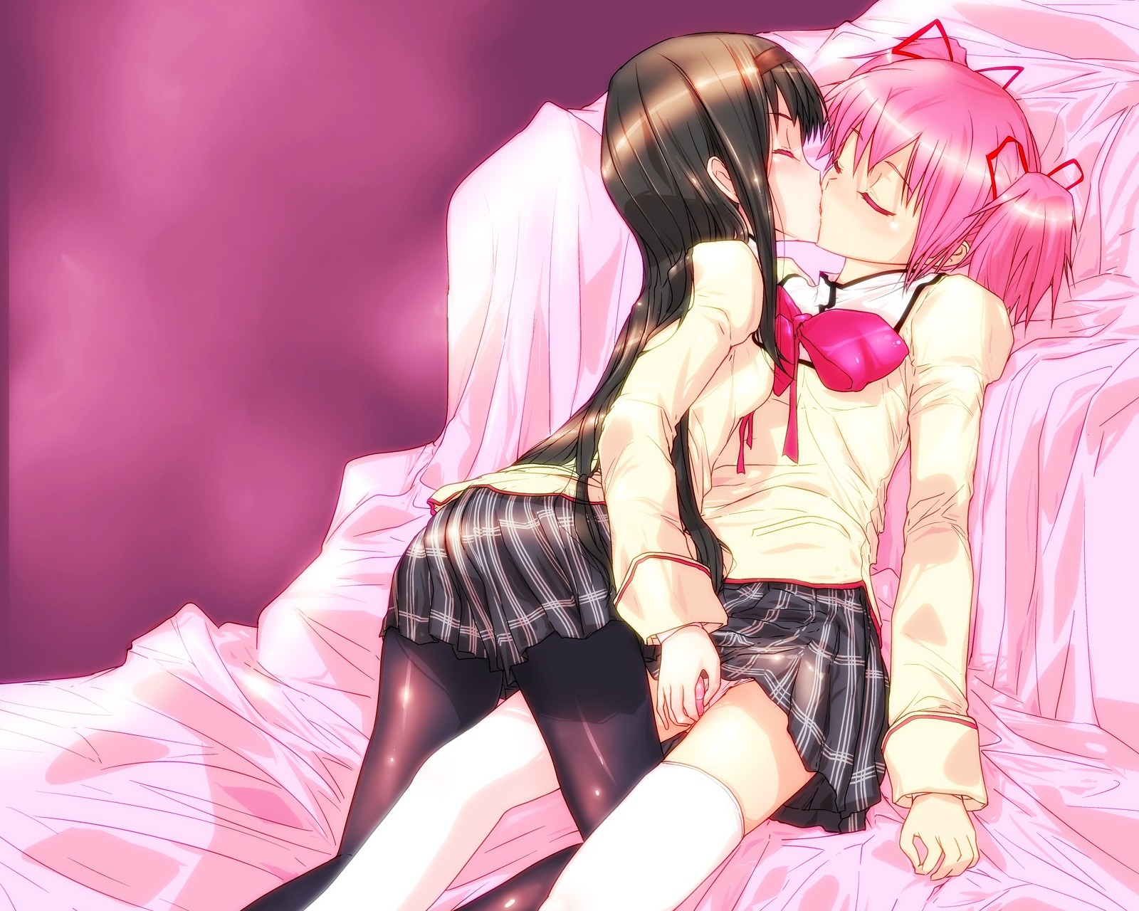 2girls akemi_homura female human kissing madoka_kaname mahou_shoujo_madoka_magica mine_(peak) multiple_females multiple_girls rule34 vibrator yuri