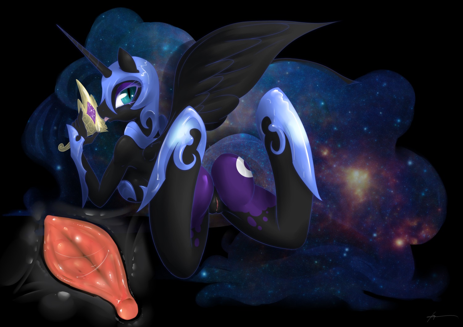 2014 absurd_res anthro anthrofied anus big_breasts big_butt biped black_body black_feathers blue_eyes blue_hair breasts butt cutie_mark e621 equid equine feathered_wings feathers female friendship_is_magic genitals hair hasbro hi_res horn licking long_hair looking_at_viewer looking_back mammal mirapony my_little_pony mythological_creature mythological_equine mythology nightmare_moon_(mlp) nude side_boob solo tongue tongue_out vulva winged_unicorn wings
