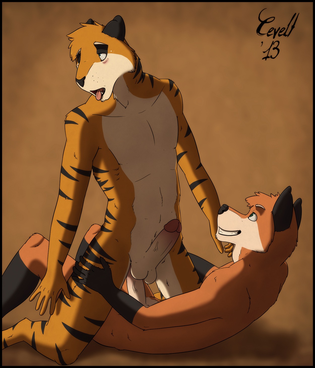anal anal_penetration anthro balls black_border border canid canine cevelt cowgirl_position duo e621 erection felid fox from_front_position fur genitals hi_res humanoid_genitalia humanoid_penis male male/male male_on_bottom male_on_top male_penetrated male_penetrating male_penetrating_male mammal nude on_bottom on_top pantherine penetration penis sex straddling tiger
