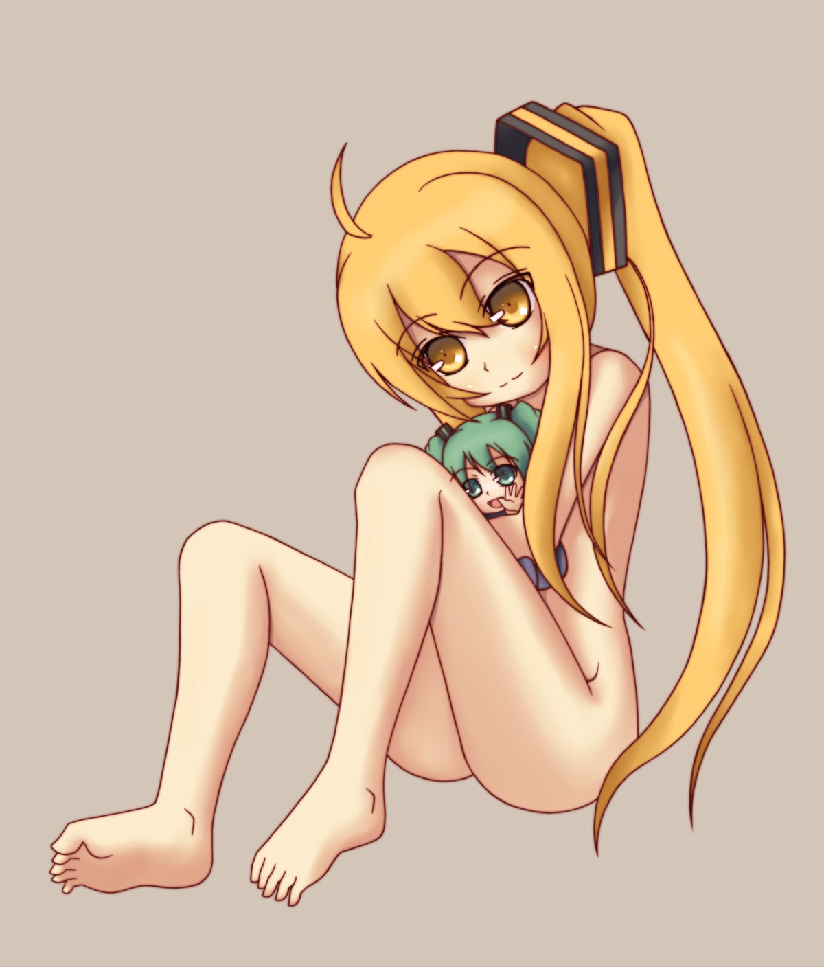 2girls ahoge akita_neru barefoot blonde_hair chibi feet female green_hair hatsune_miku highres long_hair multiple_girls nude ponytail rule34 side_ponytail sitting smile tied_hair vocaloid yellow_eyes