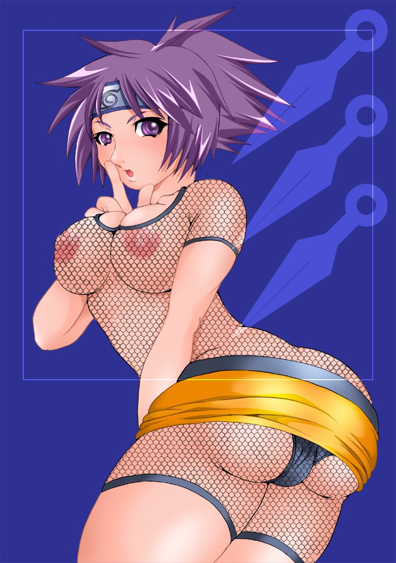 2dcg ass black_panties blush bodysuit breasts cleavage curvy female finger_to_mouth fishnet_bodysuit fishnets from_behind headband jpeg_artifacts kunai large_breasts leaning_forward looking_back miniskirt mitarashi_anko naruto naruto_(series) ninja nipples open_mouth panties pantyshot pantyshot_(standing) ponytail purple_eyes purple_hair rule34 see-through short_hair skirt skirt_lift solo spiked_hair standing thighs tied_hair underwear weapon