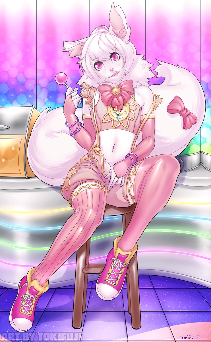 2013 accessory alternative_fashion anthro arm_warmers armwear bell big_tail bow_(feature) bow_accessory bow_ribbon bracelet candy chest_tuft clothed clothing colorful_theme countershading crossdressing dessert digital_media_(artwork) digital_painting_(artwork) domestic_cat e621 erection felid feline felis femboy food foreskin furgonomics genitals hi_res humanoid_genitalia humanoid_penis j-fashion jewelry kemono leg_warmers legwear looking_at_viewer male mammal painting_(artwork) partially_retracted_foreskin penis penis_poking_out pink_clothing pink_eyes pink_theme ribbons solo tail tail_accessory tail_bow tail_ribbon teasing text tokifuji tongue tongue_out tuft