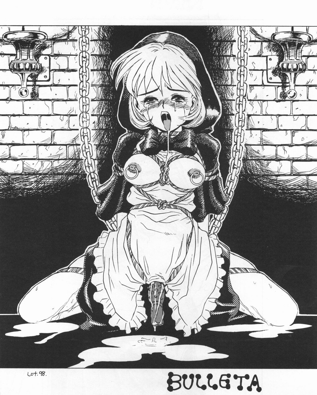 1998 1girls baby_bonnie_hood black_and_white blush bondage breasts bulleta clothing darkstalkers dildo female lot_pon nipple_piercing nipples piercing rule34 small_breasts tagme