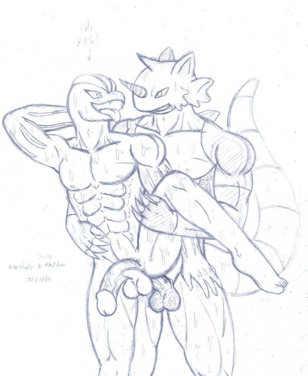 anthro insertion interspecies machoke male male_only monochrome multiple_males nude on_one_foot penis pokemon pokemon_(species) raised_leg rhydon rule34 sex standing tagme yaoi