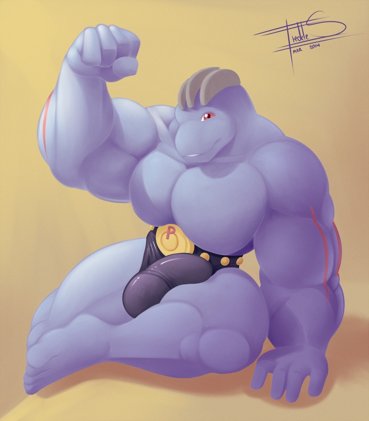 2014 belt biceps big_muscles bulge clothed clothing detailed_bulge digital_media_(artwork) e621 flexing freckles_(artist) generation_1_pokemon genital_outline humanoid looking_at_viewer machoke male muscular muscular_humanoid muscular_male nintendo pecs penis_outline plantigrade pokemon pokemon_(species) red_eyes sitting smile solo speedo swimwear topless