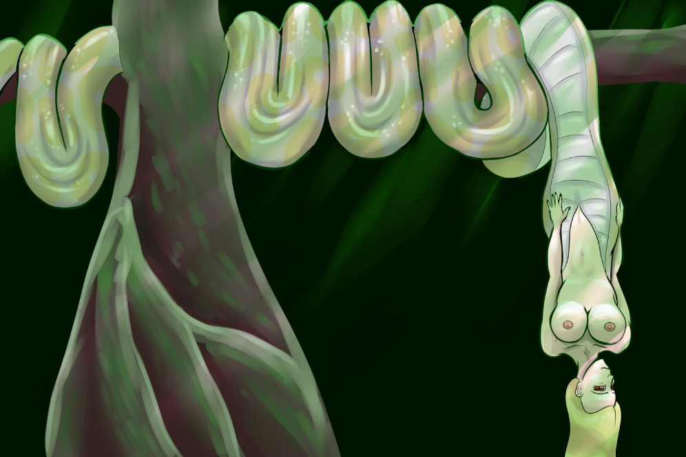 2013 apode blonde_hair breasts draconcopode e621 female genitals hair humanoid lamia legless looking_at_viewer nipples nude plant ragingsemi red_eyes reptile scalie serpentine snake solo split_form tree vulva