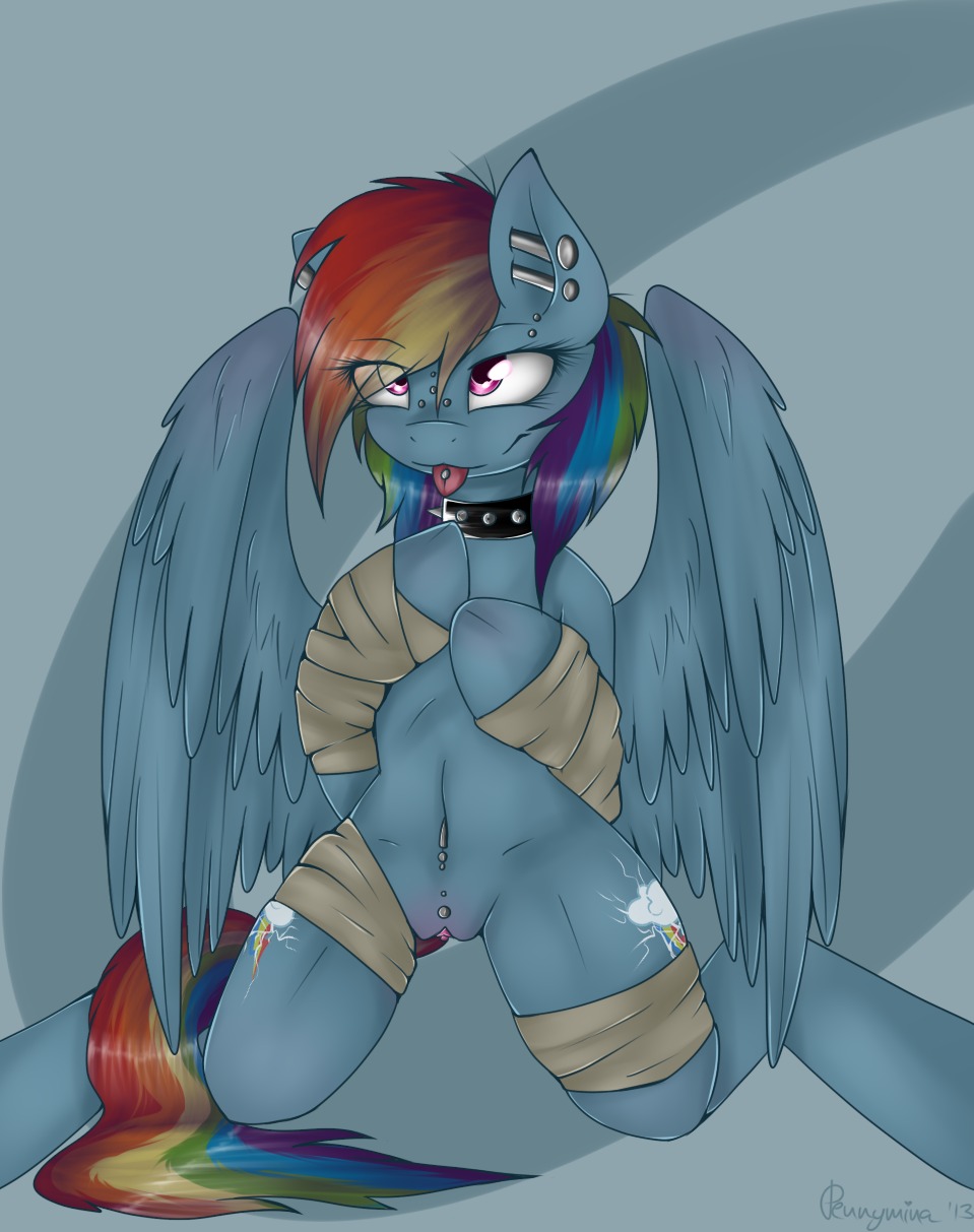 2013 abstract_background alternative_fashion anthro barbell_piercing biped blue_body blue_feathers blue_fur bridge_piercing collar cutie_mark e621 ear_piercing english_text equid equine eyebrow_barbell eyebrow_piercing facial_piercing feathered_wings feathers female friendship_is_magic fur genital_piercing genitals hair hasbro hi_res industrial_piercing kneeling labia_piercing mammal multicolored_hair multiple_piercings my_little_pony mythological_creature mythological_equine mythology navel navel_piercing nose_piercing pegasus pennymina piercing pink_eyes punk rainbow_dash_(mlp) rainbow_hair rainbow_punk shadow simple_background solo spiked_collar spikes tail text tongue tongue_out tongue_piercing vulva vulva_piercing wings wraps