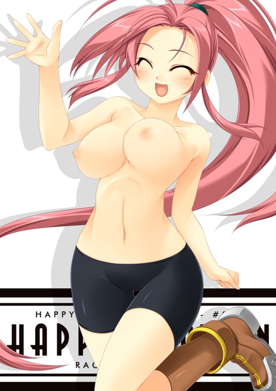 blush boots breasts clothing female happy hunter_(ragnarok_online) kinoshita_ichi large_breasts latex long_hair nipples pink_hair ponytail ragnarok_online rule34 shorts smile tied_hair topless unaligned_breasts very_long_hair