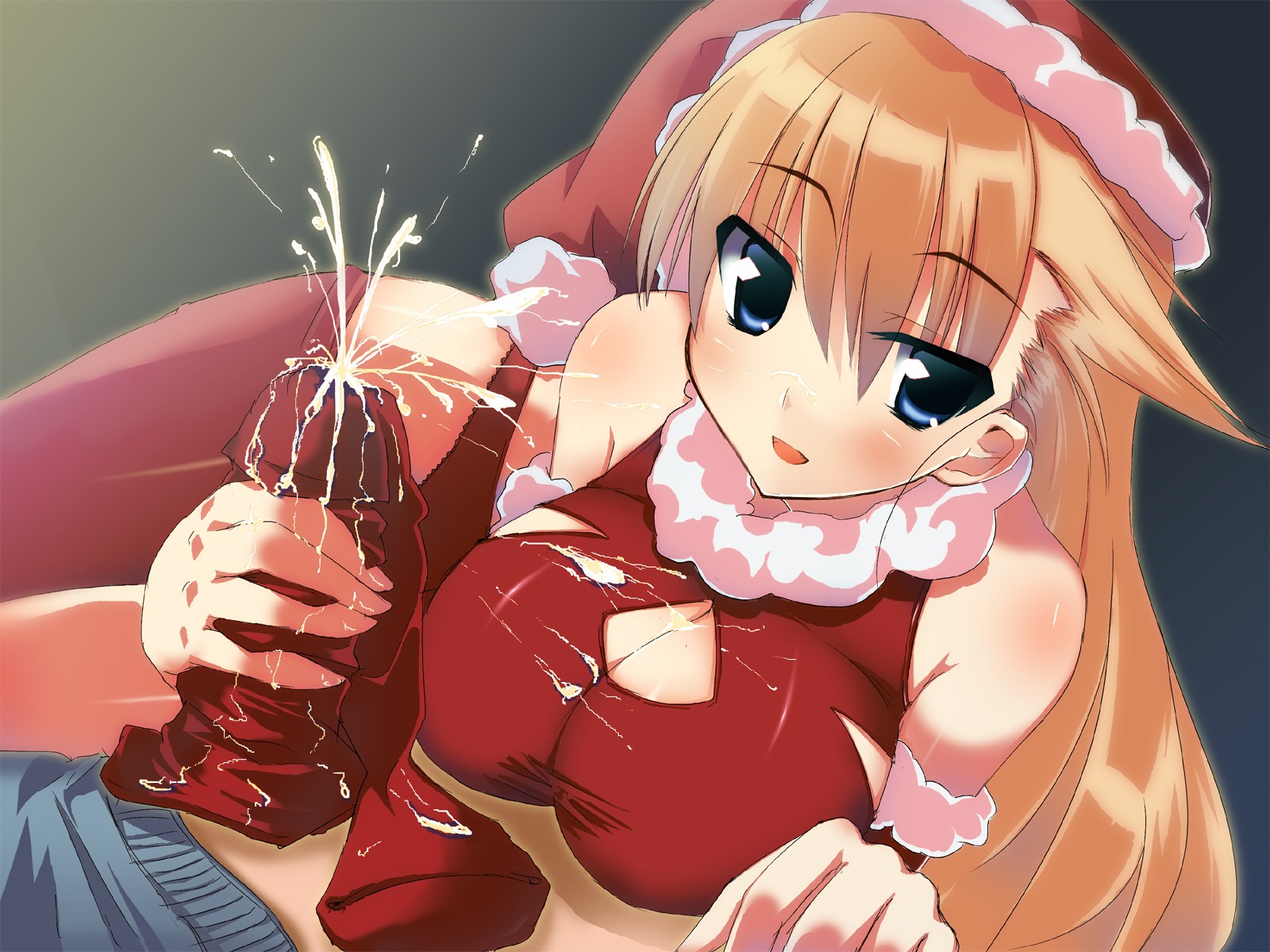 blue_eyes breasts brown_hair christmas cleavage copyright_request cum female handjob highres long_hair male penis rule34 teru_teru thighhighs uncensored
