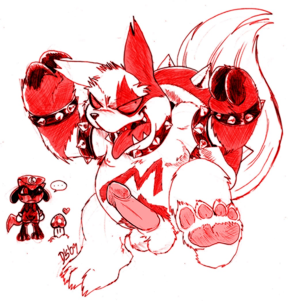 bowser clothes cosplay front_view hat luigi male male_only mario_(series) monochrome multiple_males nintendo overalls penis pokemon pokemon_(species) riolu rule34 shell spiky_shell straight_hair tagme zangoose