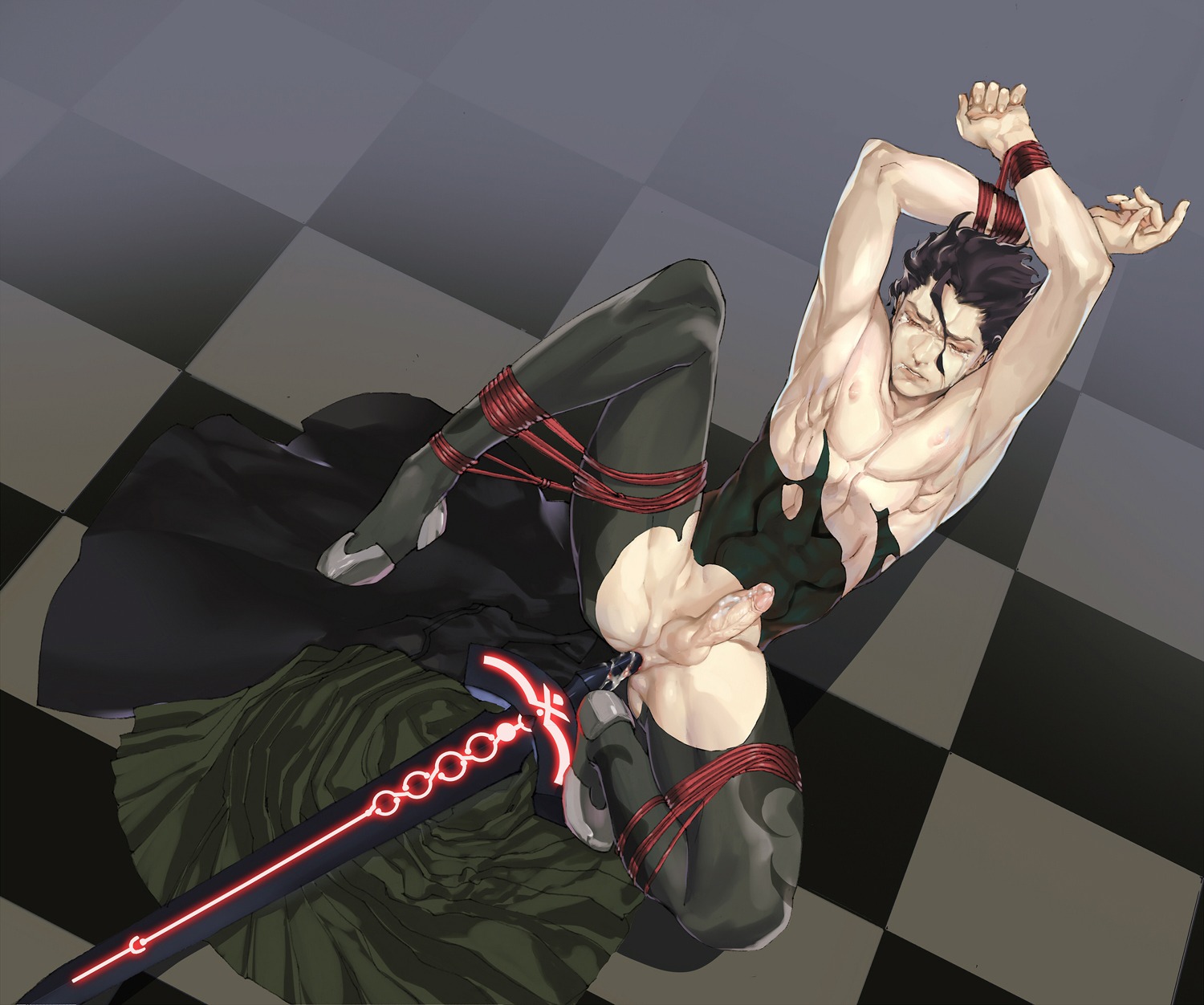 1boy anal_insertion arms_above_head bondage bound_wrists brown_hair checkered_floor clenched_eyes closed_eyes diarmuid_ua_duibhne fate/zero fate_(series) frogtie lancer male male_focus male_nipples male_only malesub muscles nipples on_back penis rule34 solo spread_legs sword torn_clothes yaoi