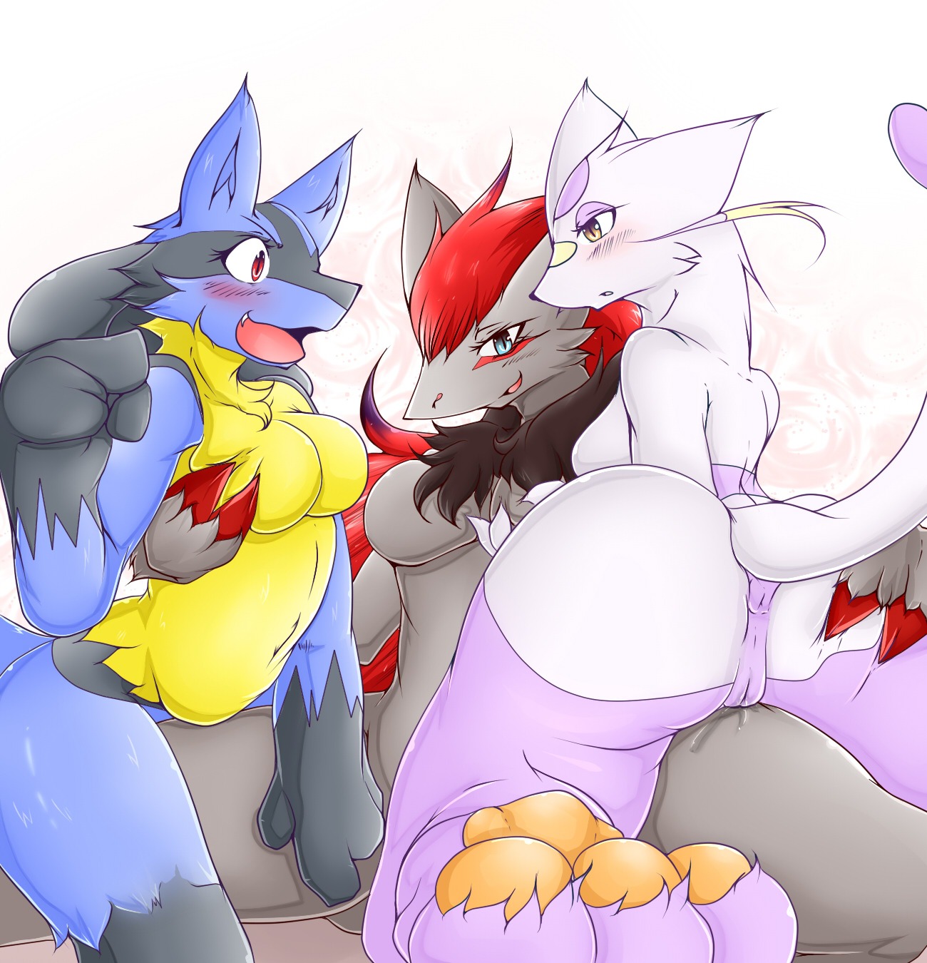 anthro anthrofied anus big_breasts blue_body blue_eyes blue_fur blush bodily_fluids breast_grab breasts butt butt_grab canid canine chest_tuft digital_media_(artwork) e621 female female/female fur geiru_mirua generation_4_pokemon generation_5_pokemon genital_fluids genitals grinding grope group group_sex hair hand_on_breast hand_on_butt hi_res looking_at_viewer lucario mammal mienshao nintendo nude open_mouth pokemon pokemon_(species) pokemorph red_eyes red_hair sex tail threesome trio tuft vaginal_fluids vulva yellow_eyes zoroark