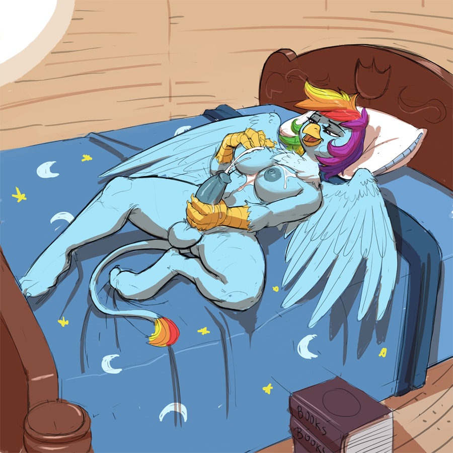 1:1 2014 alternate_species anthro anthrofied avian balls beak bed biped blue_body blue_feathers blue_fur bodily_fluids book breasts cum cum_on_breasts cumshot digital_media_(artwork) e621 ejaculation erection feathered_wings feathers friendship_is_magic fur furniture genital_fluids genitals gryphon gryphonification gynomorph hair hasbro inside intersex kevinsano lying masturbation multicolored_hair my_little_pony mythological_avian mythological_creature mythology nipples non-mammal_balls non-mammal_breasts non-mammal_nipples on_back on_bed orgasm penile penile_masturbation penis pillow rainbow_dash_(mlp) rainbow_hair smile solo tail wings