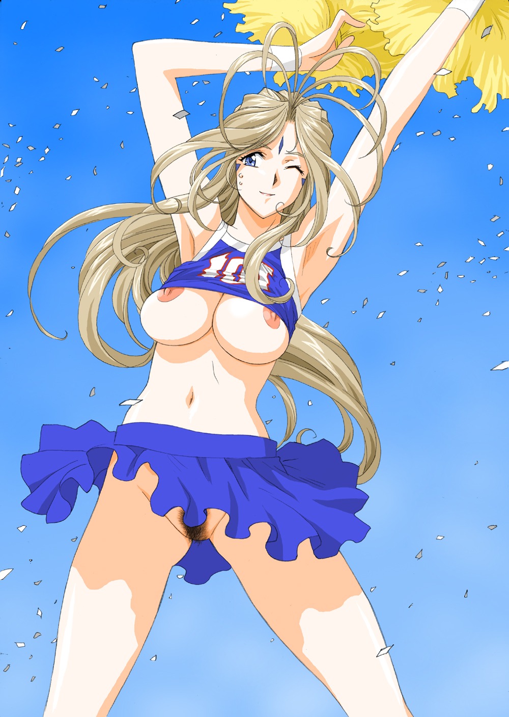 1girls areola belldandy big_breasts blue_eyes breasts cheerleader clothing female female_pubic_hair joy_division medium_breasts no_bra no_panties oh_my_goddess! pointy_chin posing pubic_hair rule34 skirt solo tank_top uncensored wink