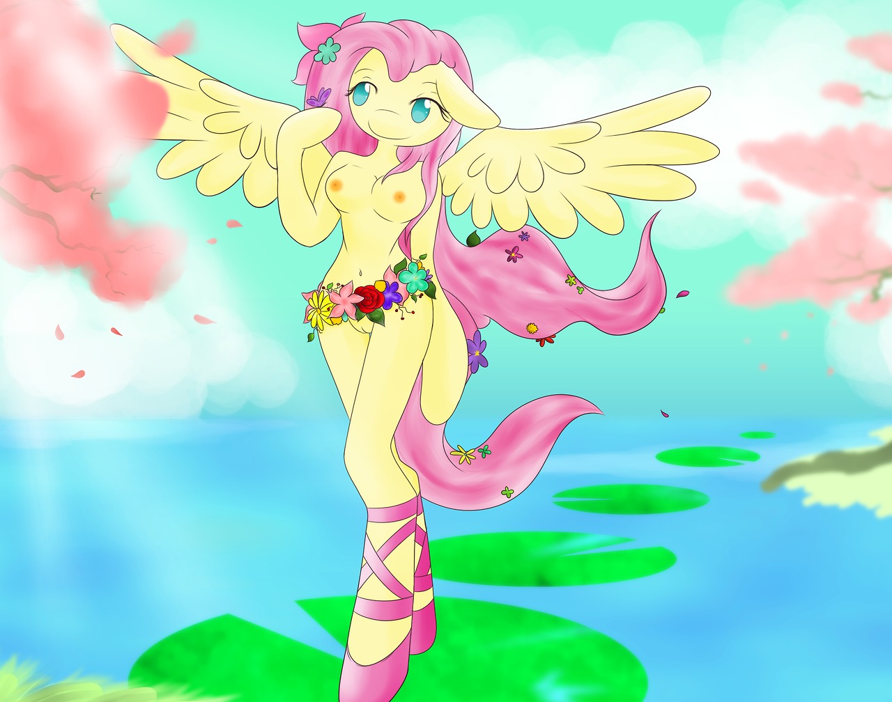 anthro anthrofied arthropod biped blue_eyes breasts butterfly clothing e621 equid equine feathered_wings feathers female flower fluttershy_(mlp) footwear friendship_is_magic fur genitals hair hasbro insect lepidopteran lily_pad long_hair mammal minthentai my_little_pony mythological_creature mythological_equine mythology navel nipples pegasus pink_hair plant shoes smile solo standing vulva water wings yellow_body yellow_feathers yellow_fur