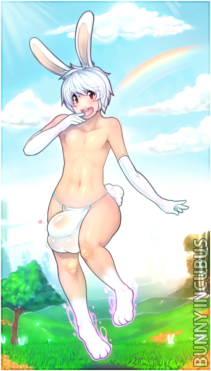 animal_humanoid balls big_bulge buckteeth bulge clothing cloud e621 femboy genitals gloves hair handwear hi_res humanoid iridescent iridescent_gloves lagomorph lagomorph_humanoid leporid_humanoid male mammal mammal_humanoid modeseven outside plant rabbit_humanoid rainbow rainbow_arch red_eyes scut_tail short_tail sky solo tail teeth tree white_hair