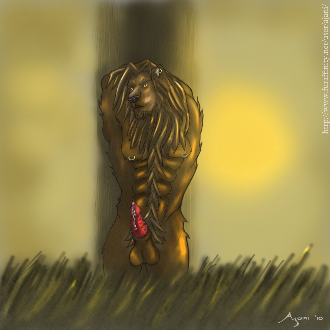 1:1 2010 abs ajani_(artist) animal_genitalia anthro balls biceps biped bodily_fluids brown_body brown_fur brown_hair chest_tuft cum cum_string e621 ear_piercing erection felid fur genital_fluids genitals hair hi_res leaking lion male mammal muscular muscular_anthro muscular_male nipple_piercing nipples nude pantherine pecs penile_spines penis piercing pose precum presenting sheath solo standing tuft yellow_eyes