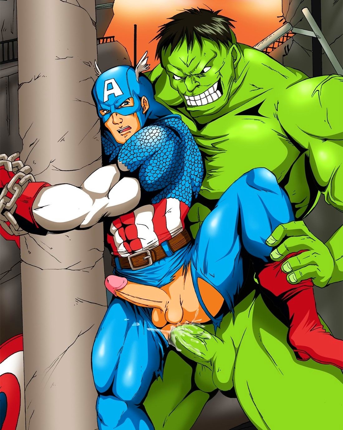 2boys abs anal_penetration anal_sex ass avengers balls belt biceps black_hair blue_eyes bondage boots bound_wrists captain_america captain_america's_shield captain_america_(series) chained_to_pillar clenched_teeth cum cum_in_ass cum_inside doggy_style erect_while_penetrated erection gay green-skinned_male green_skin head_wings huge_cock hulk hulk_(series) leg_grab legs_held_open light-skinned_male light_skin male male_only male_penetrated maledom malesub marvel marvel_comics mask multiple_boys multiple_males multiple_penises muscular naughty_face nude palcomix pecs penis rear_deliveries rule34 sex spread_legs steve_rogers tagme testicles torn_clothes torn_pants uncensored veiny_penis yaoi