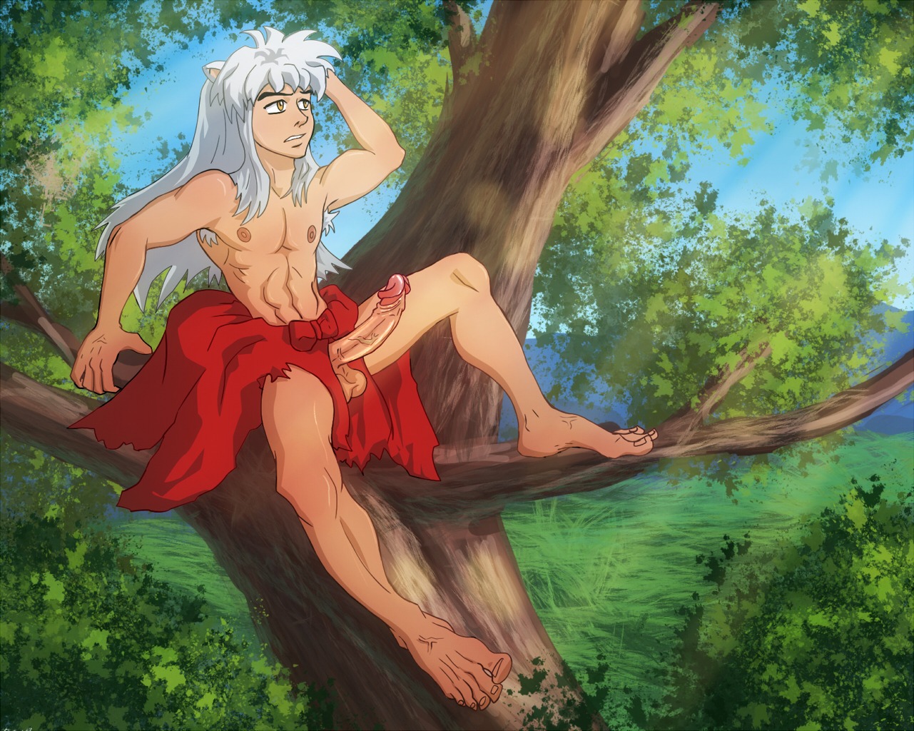 1boy animal_ears anma barefoot feet foreskin fully_retracted_foreskin inuyasha inuyasha_(character) male male_only penis retracted_foreskin rule34 solo uncensored uncircumcised yaoi