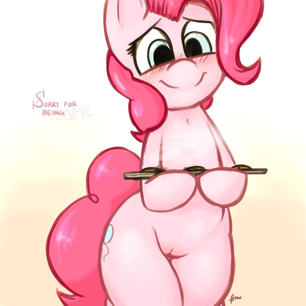 1:1 2013 anthro blue_eyes blush cookie cutie_mark e621 earth_pony english_text equid equine female food friendship_is_magic fur genitals gradient_background hair hasbro hi_res holding_object horse looking_at_viewer mammal my_little_pony nude pink_body pink_fur pink_hair pinkie_pie_(mlp) pony semi-anthro signature simple_background smile solo tail terrabutt text vulva white_background wide_hipped_female wide_hips