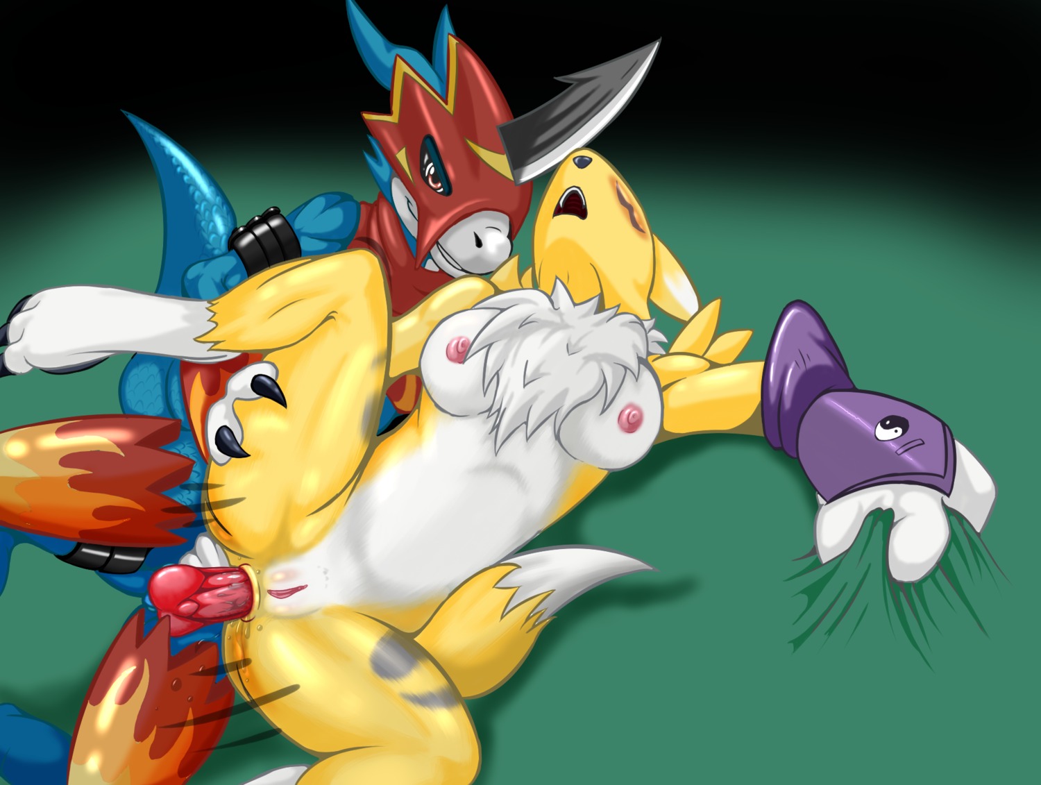 2014 anal anal_penetration anthro anthro_on_anthro anus areola balls bandai_namco big_breasts blue_body blue_skin breasts canid canine countershading digimon digimon_(species) dipstick_tail duo e621 erect_nipples erection eyes_closed female female_penetrated flamedramon fur genitals hi_res male male/female male_penetrating male_penetrating_female mammal markings multicolored_body multicolored_fur multicolored_tail nipples penetration penis renamon scalie sex smile spazman tail tail_markings two_tone_body two_tone_fur two_tone_tail vulva white_body white_fur white_tail yellow_body yellow_fur yellow_tail yin_yang