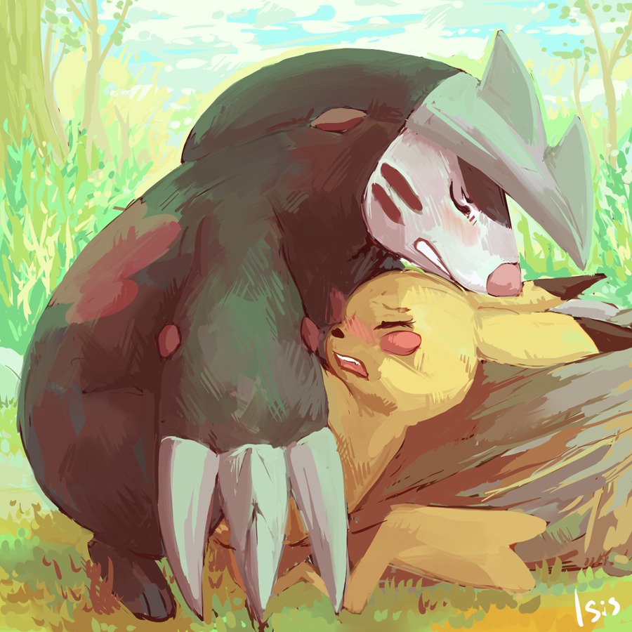 1:1 blush claws cleft_tail clenched_teeth dominant duo e621 excadrill eyes_closed female feral fleurdeiris fur generation_1_pokemon generation_5_pokemon interspecies larger_dom larger_male male male/female mammal nintendo open_mouth outside pikachu pokemon pokemon_(species) rodent sex size_difference smaller_female tail teeth yellow_body yellow_fur