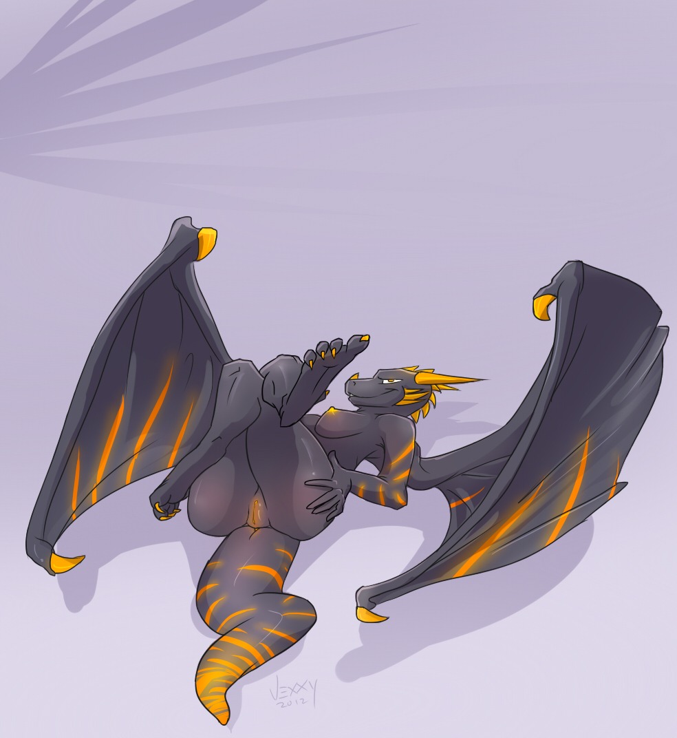 2012 anthro biped breasts digital_media_(artwork) dragon e621 female genitals grey_body legs_up lying membrane_(anatomy) membranous_wings mythological_creature mythological_scalie mythology non-mammal_breasts nude on_back scalie shaded solo tail vexxy vulva wings