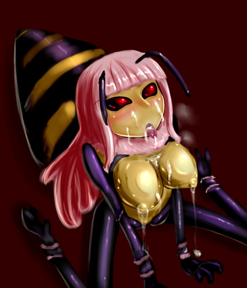 antennae_(anatomy) anthro arthropod arthropod_abdomen bee blush bodily_fluids breasts cum cum_on_breasts cum_on_face e621 female genital_fluids hair hymenopteran insect kemurin non-mammal_breasts pink_hair red_eyes solo tongue tongue_out
