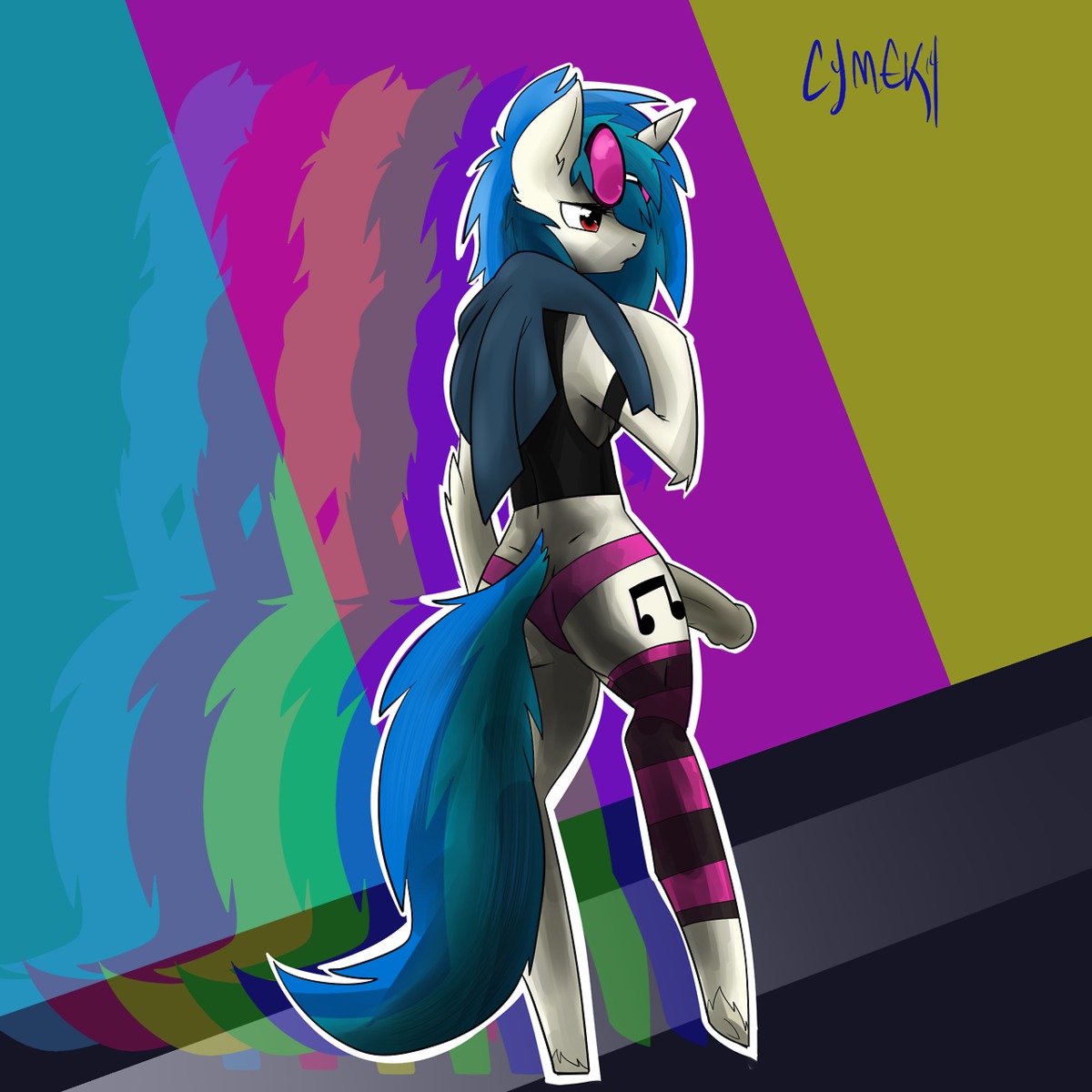 1:1 abstract_background animal_genitalia animal_penis anthro biped blue_hair clothed clothing coat cutie_mark cymek e621 equid equine equine_genitalia equine_penis erection eyewear friendship_is_magic fur genitals glasses gynomorph hair hasbro hi_res horn intersex mammal my_little_pony mythological_creature mythological_equine mythology penis rear_view red_eyes simple_background solo standing topwear unicorn vinyl_scratch_(mlp) white_body white_fur