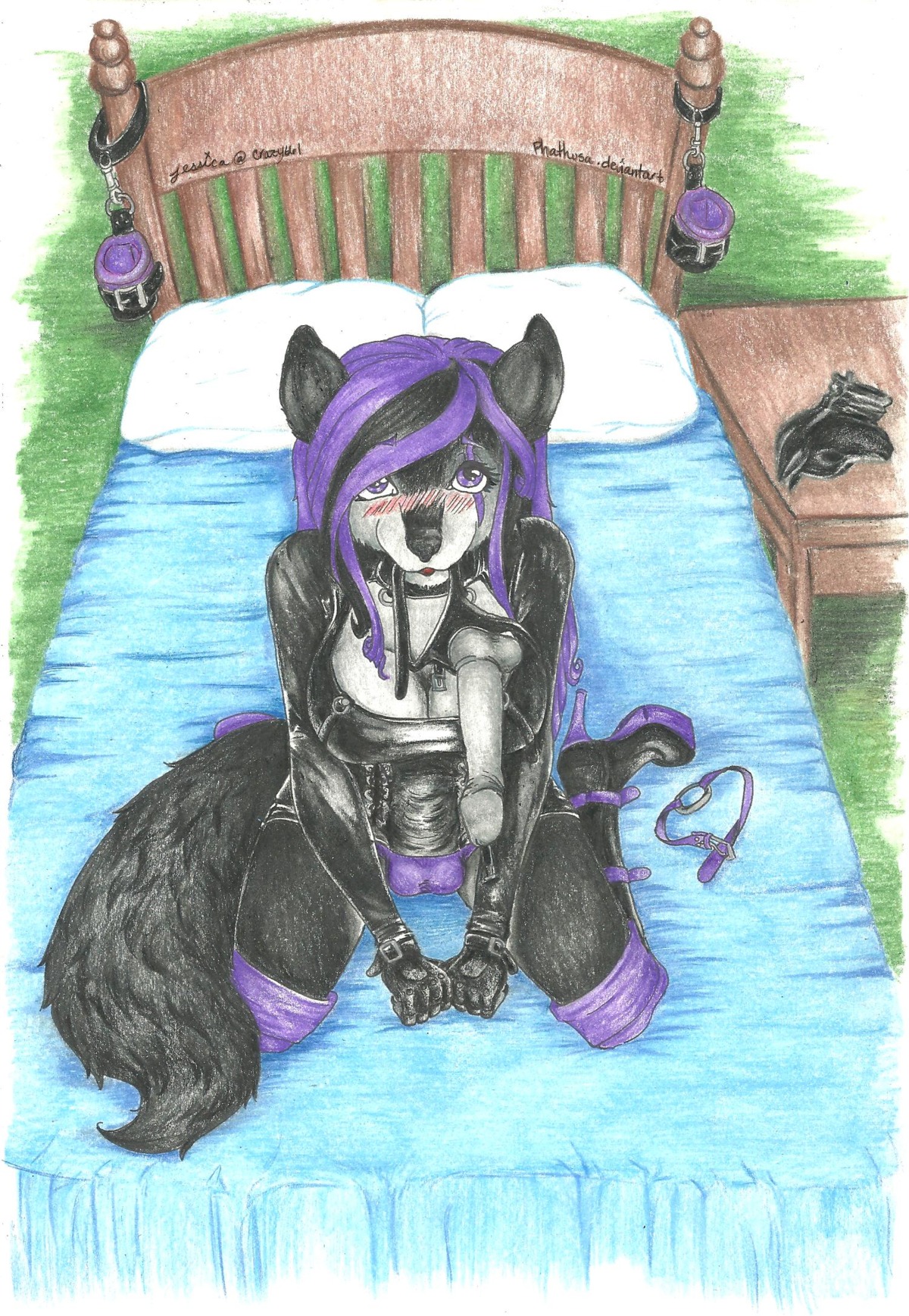 anthro bed begging blush boots breasts bulge canid canine canis cleavage clothed clothing cuff_(restraint) dildo e621 erection footwear furniture gag genitals gloves gynomorph hair handwear hi_res high_heeled_boots high_heels intersex jessica_midnight_darkfire latex leather mammal night open_mouth_gag panties penis phathusa pillow purple_eyes purple_hair restraints ring_gag sex_toy shackles shoes solo strapon table tail underwear wolf