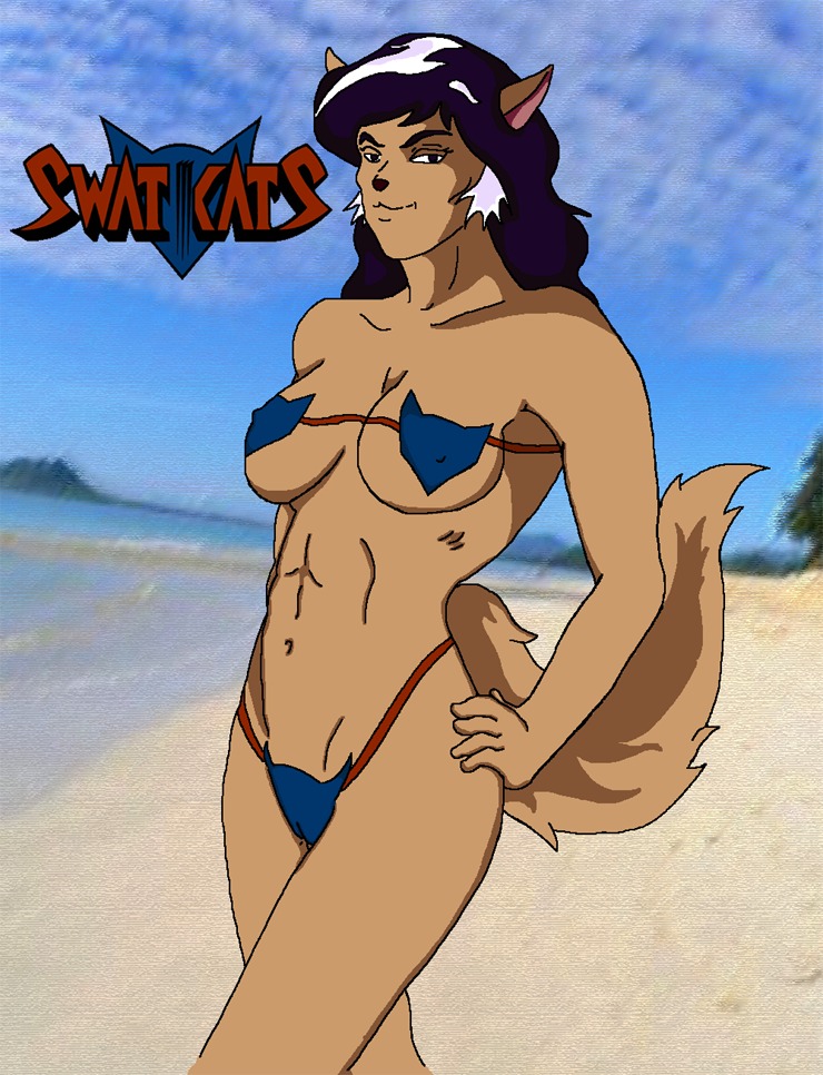 1girls animal_ears anthro beach bikini black_hair breasts cat_ears clothed clothed_female clothes clothing felina_feral feline female female_only hanna-barbera long_hair muscles nipples pussy rule34 solo swat_kats swat_kats:_the_radical_squadron swimsuit tail