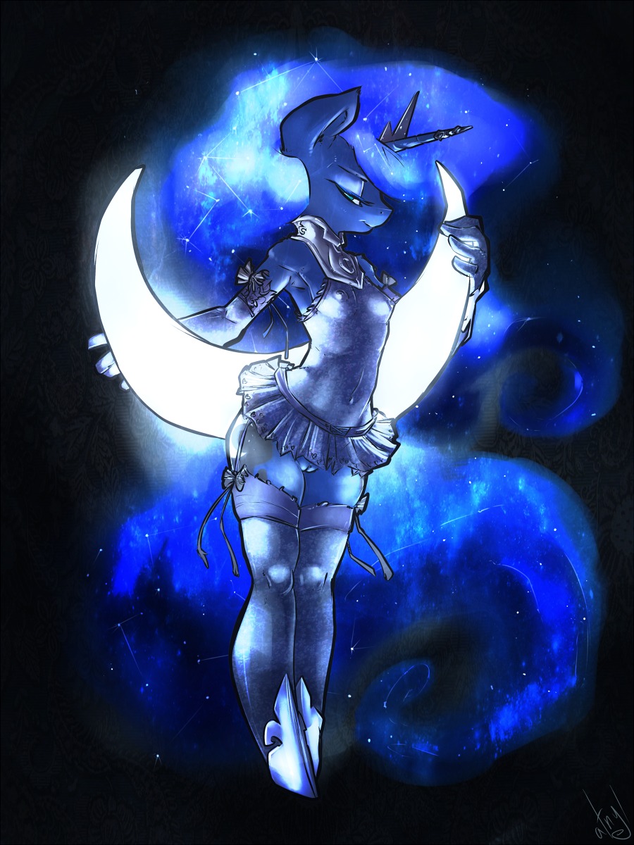 2013 3:4 anthro anthrofied atryl bedroom_eyes biped black_background blue_body blue_fur blue_hair blue_theme bottomwear breasts clothed clothing corset crown cutie_mark digital_media_(artwork) e621 equid equine female footwear friendship_is_magic fur garter_straps genitals glowing green_eyes hair half-closed_eyes hasbro headgear hi_res horn legwear lingerie long_hair looking_at_viewer mammal moon my_little_pony mythological_creature mythological_equine mythology narrowed_eyes nipple_outline no_underwear partially_clothed princess princess_luna_(mlp) royalty seductive shoes signature simple_background skirt solo sparkles stockings topwear unicorn vulva