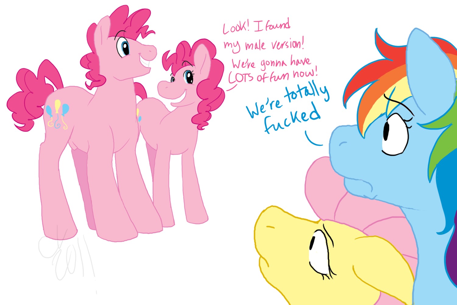 3:2 animal_genitalia blue_body blue_fur cartoonlion crossgender cutie_mark e621 earth_pony english_text equid equine female feral fluttershy_(mlp) friendship_is_magic fully_sheathed fur genitals group hair hasbro hi_res horse male mammal multicolored_hair my_little_pony nude pinkie_pie_(mlp) pony profanity quadruped rainbow_dash_(mlp) rainbow_hair sheath simple_background smile tail text white_background
