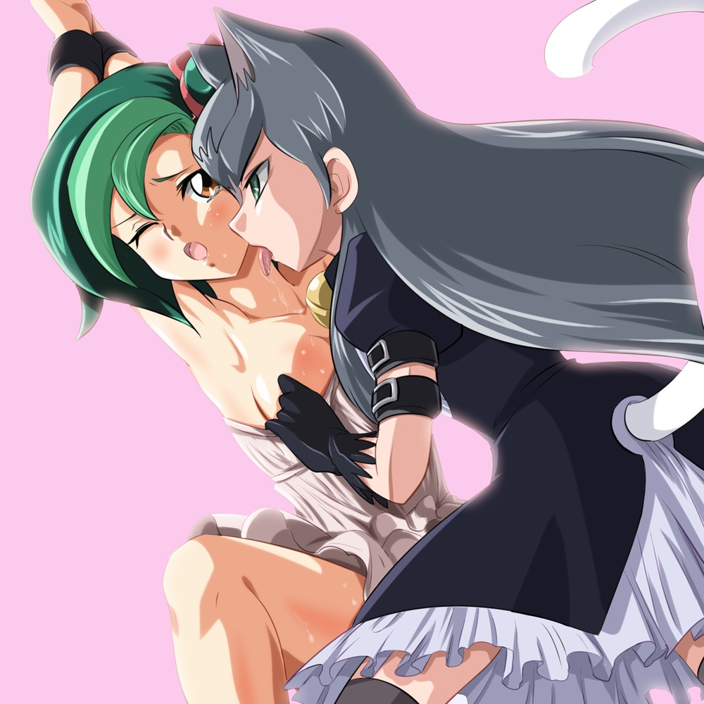 2girls animal_ears ashi_ura blush bondage breasts cathy_(yu-gi-oh!_zexal) dress female female_only flat_chest flat_chested kotori_mizuki multiple_females multiple_girls open_mouth rule34 small_breasts tail tied_up tongue tongue_out tori_meadows undressing wince yu-gi-oh! yu-gi-oh!_zexal yuri