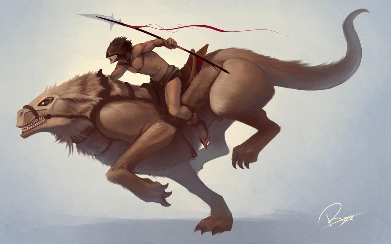 16:10 2012 animal_genitalia anthro biped bridle claws clothed clothing digital_media_(artwork) duo e621 feral fully_sheathed genitals harness humanoid male mammal mask melee_weapon monster polearm quadruped rajii riding running saddle sheath signature simple_background spear straddling tail teeth topless warrior weapon widescreen