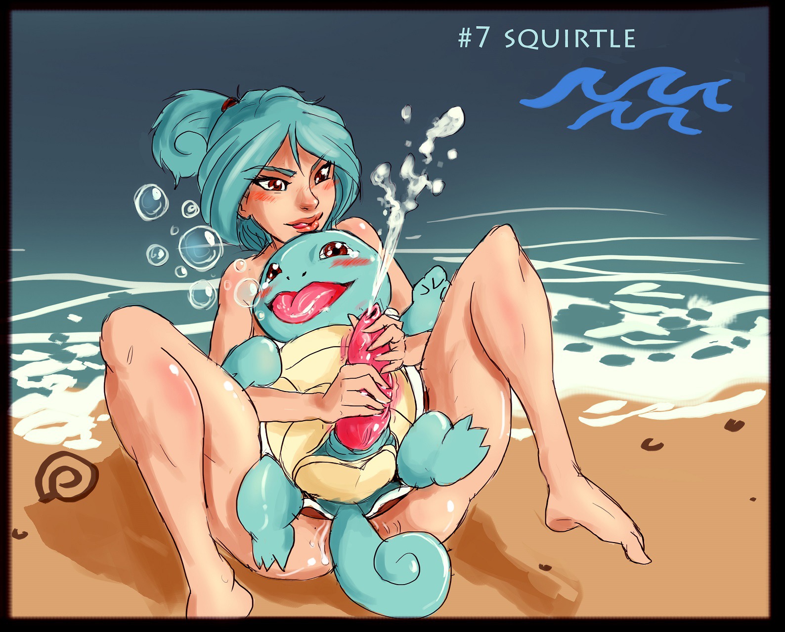 animal_genitalia animal_penis anthro beach big_penis blue_body blue_hair blue_skin bodily_fluids cum detailed_background duo e621 erection female generation_1_pokemon genital_fluids genitals hair handjob happy hi_res human human_on_anthro interspecies larger_female lying male male/female mammal mithrie nintendo nude outside penile penis pokemon pokemon_(species) pokephilia sand seaside semi-anthro sex sex_on_the_beach shell size_difference smaller_male squirtle text tongue turtle_penis turtle_shell water