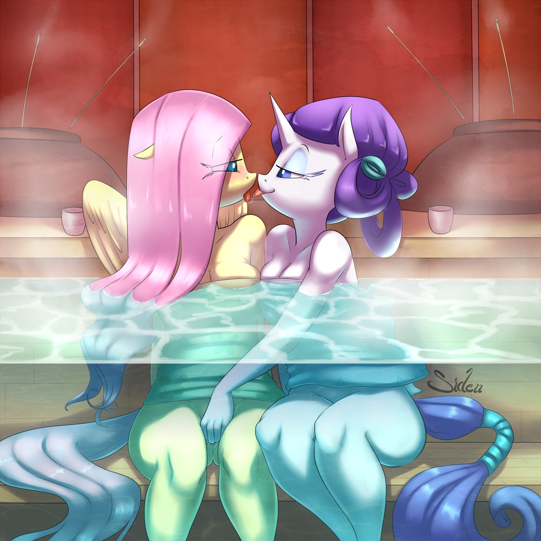 1:1 2013 anthro anthrofied blue_eyes blue_eyeshadow blush bodily_fluids breasts cleavage clothed clothing container cup digital_media_(artwork) duo e621 equid equine eyeshadow feathered_wings feathers female female/female fingering fingering_partner fluttershy_(mlp) friendship_is_magic fur genitals hair hasbro horn incense inside kissing long_hair makeup mammal my_little_pony mythological_creature mythological_equine mythology partially_submerged pegasus pink_hair purple_hair rarity_(mlp) saliva saliva_string sex shaded smoke teal_eyes tongue tongue_out towel towel_only unicorn vaginal vaginal_fingering vulva water waterline_view white_body white_fur wick_(artist) wings yellow_body yellow_feathers yellow_fur