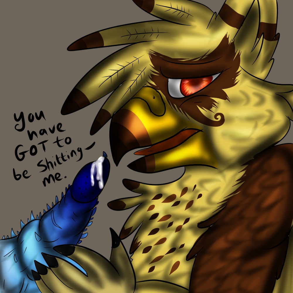 1:1 ambiguous_gender avian beak beak_fetish beak_play beak_sex beakjob blue_penis dialogue disembodied_penis duo e621 english_text erection fellatio feral genitals gryphon male mythological_avian mythological_creature mythology oral penile penile_spines penis sex text youmeatsix