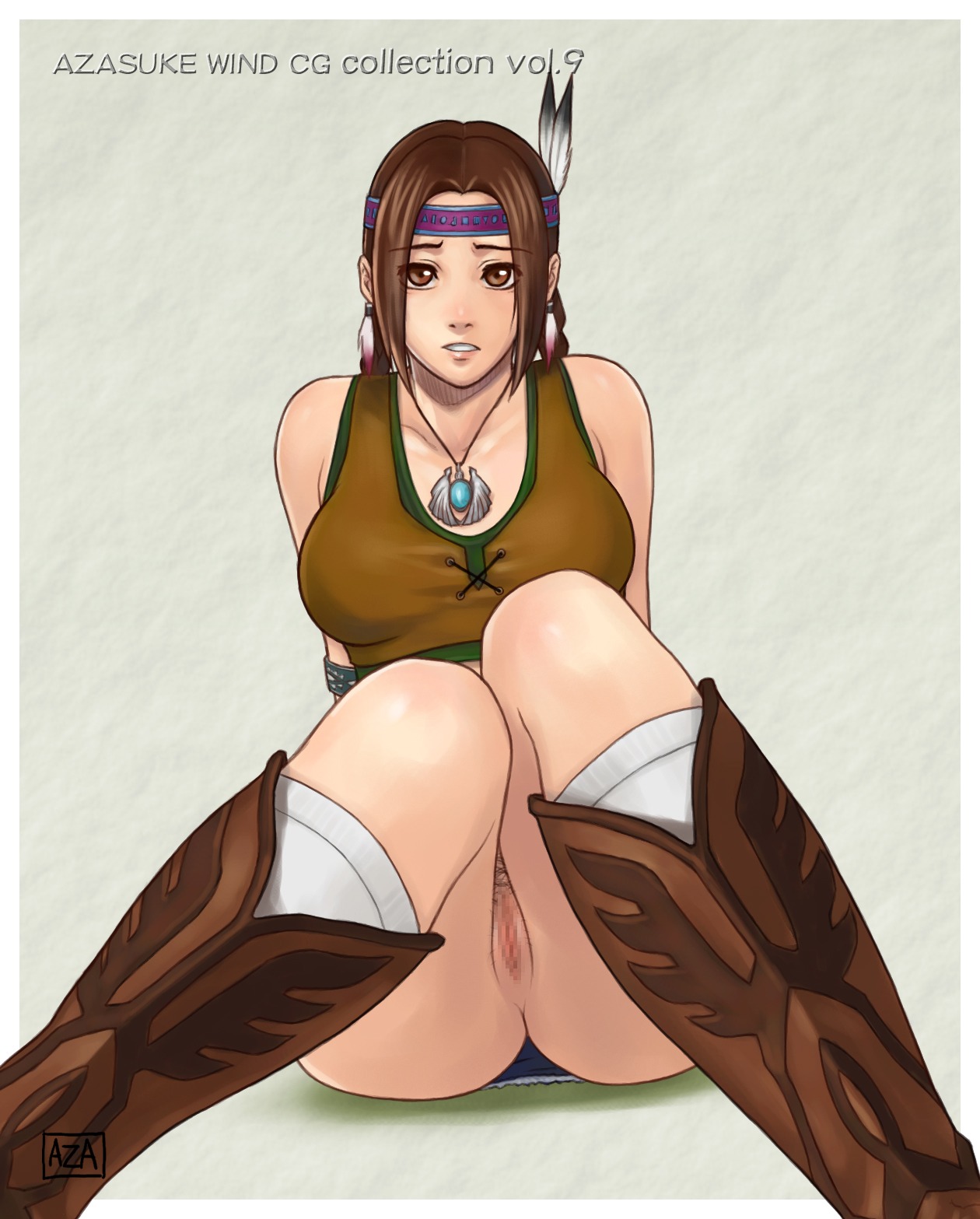 1girls arm_support armband azasuke bare_shoulders boots braid brown_eyes brown_hair censored closed_legs cowboy_boots earrings feather_earrings feather_in_hair feathered_headband feathers female female_only hair_feather hair_feathers headband highres human jewelry julia_chang knees_together_feet_apart leaning_back looking_at_viewer mosaic_censoring namco native_american native_american_female native_american_headdress necklace no_panties pov pubic_hair pussy rule34 sitting solo solo_female tank_top tekken tekken_3 tekken_4 tekken_5_dark_resurrection tekken_tag_tournament tied_hair twin_braids twintails version_without_pubic_hair_available